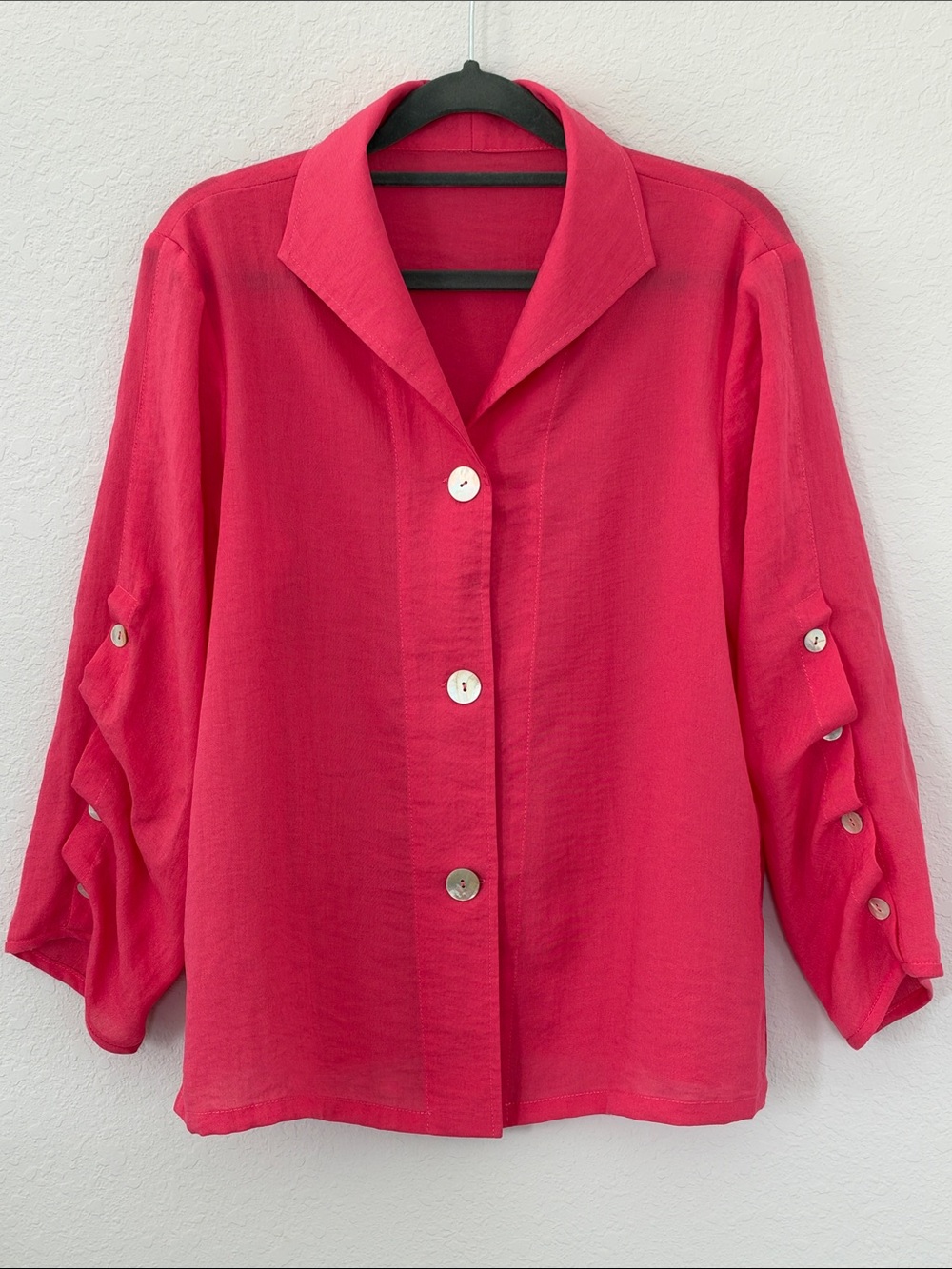 Fridaze 100% Linen Coral Pink Button Front Shirt Blouse Roll Tab Sleeve S
